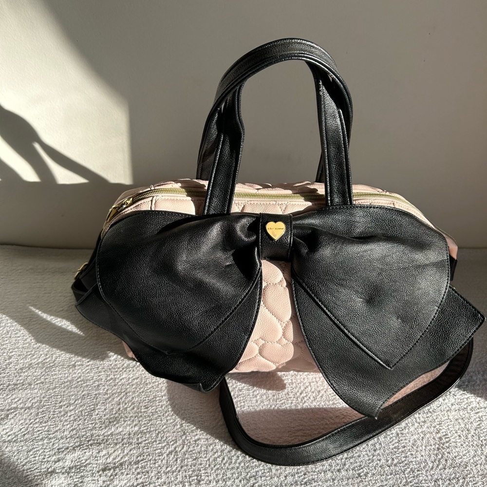 Betsey Johnson Quilted Hearts Pink and Black Bow Satchel